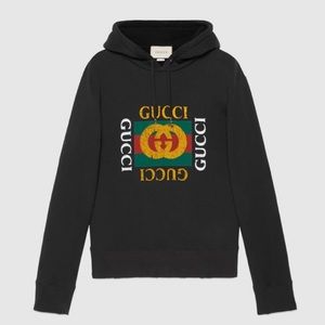 GG authentic & RARE black distressed Gucci Men’s hoodie sizeM, but can fit L.